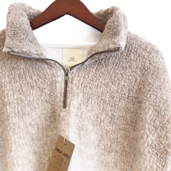 THREAD & SUPPLY NWT Wubby Sherpa Fleece Pullover Jacket in Cream and Gray - Picture 6 of 13